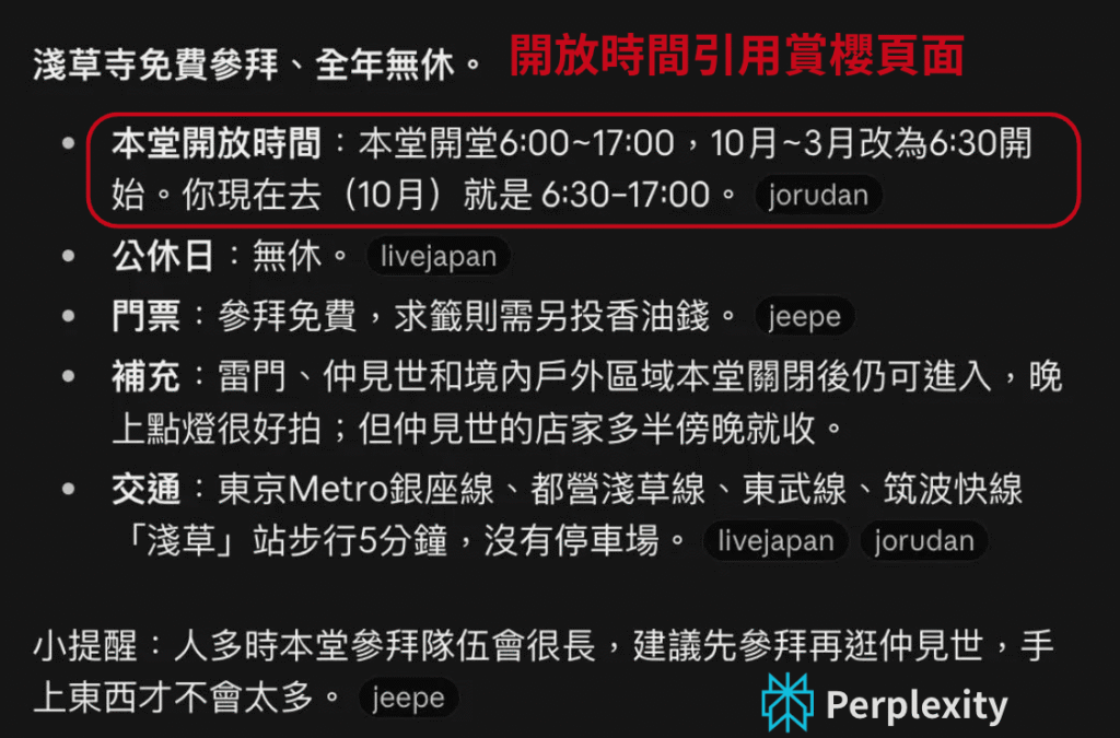 Perplexity查淺草寺開放時間引用來源實測截圖