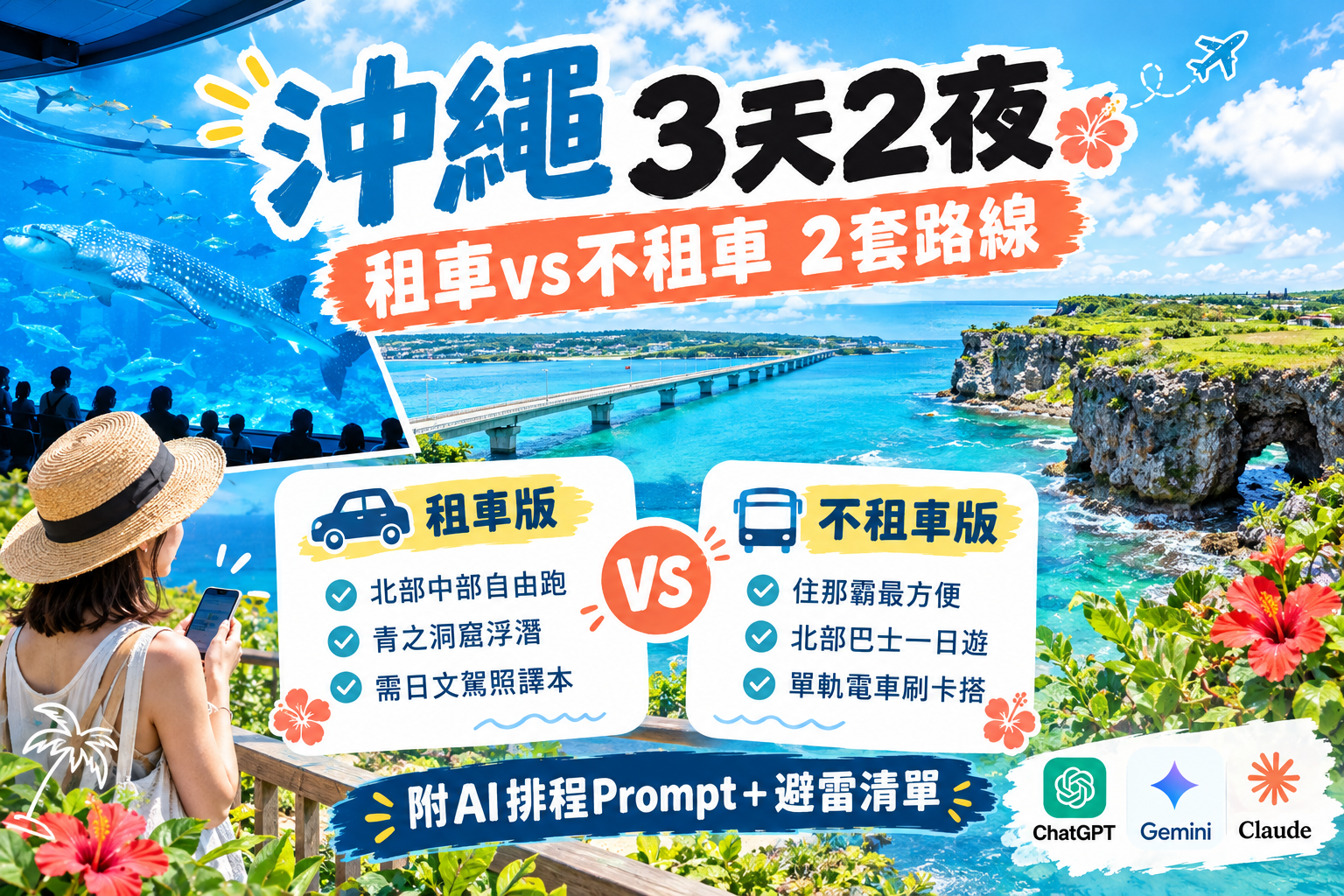 沖繩3天2夜自由行封面，比較租車與不租車兩套AI排程路線